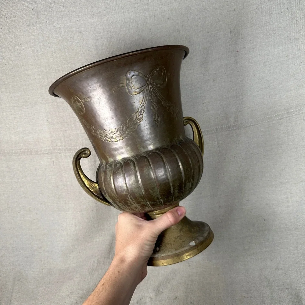 Vintage Brass Bow and Garland Urn Vase Footed Planter with Handles Patina‎